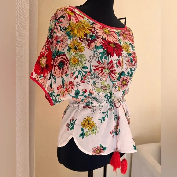 Anthropologie Floral Dolman Sleeve Crop Blouse Top Small Tassels Size XS - Picture 4 of 12